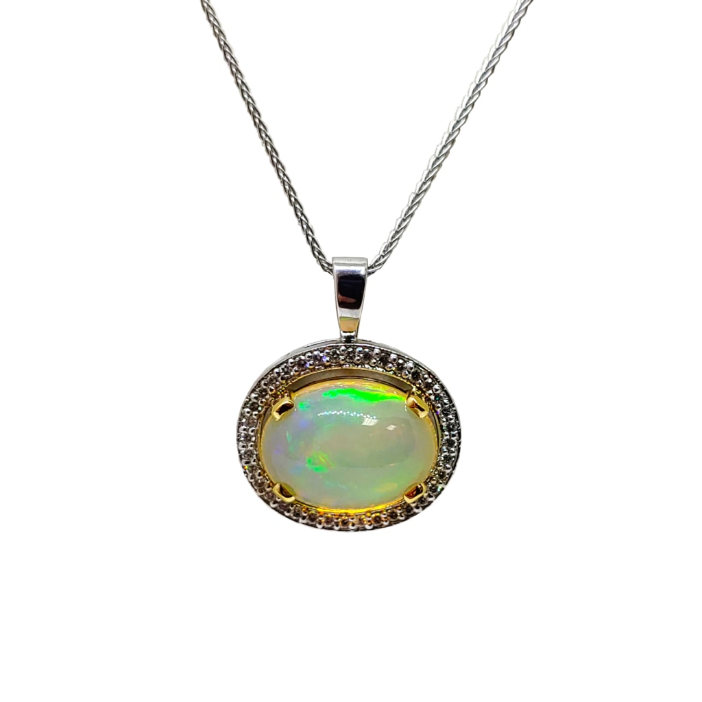 Diamond And Two-Tones Ethiopian Opal Pendant Necklace