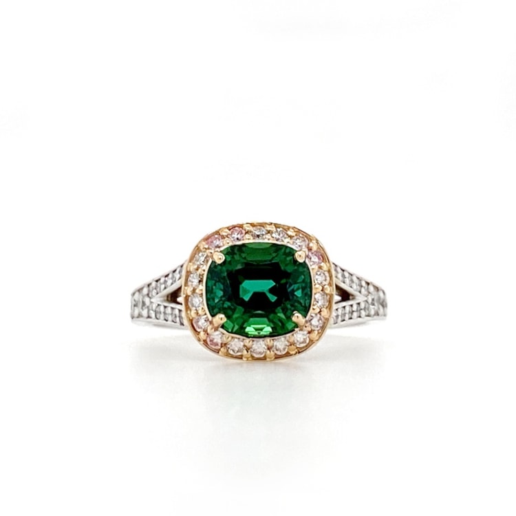 Halo Setting Green Tourmaline and Diamond Ring