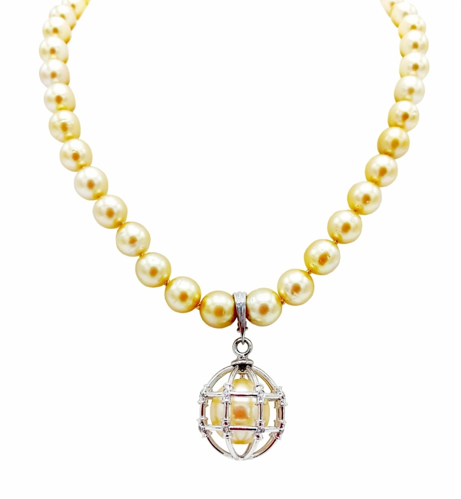 Golden South Sea Pearl Necklace with Removable Diamond Accent Cage