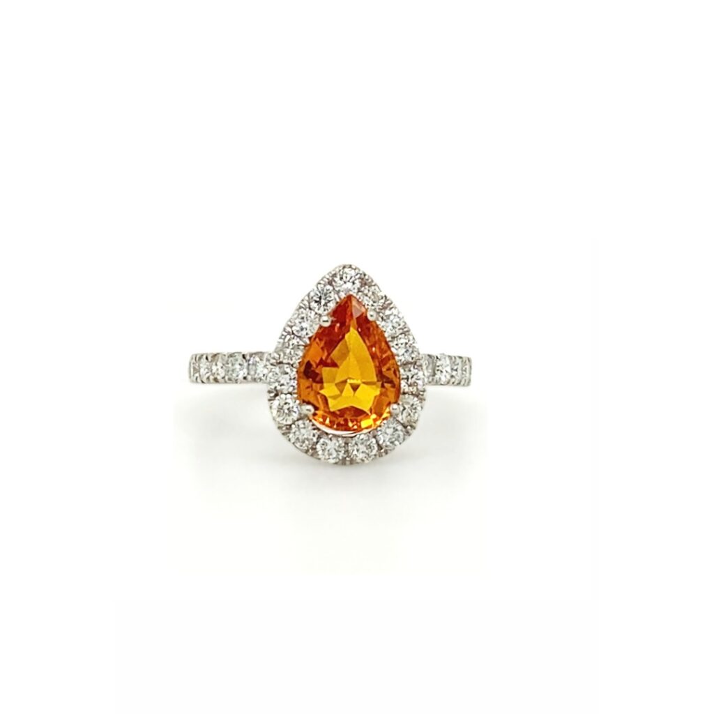 Pear Orange Sapphire Ring with Diamond Halo