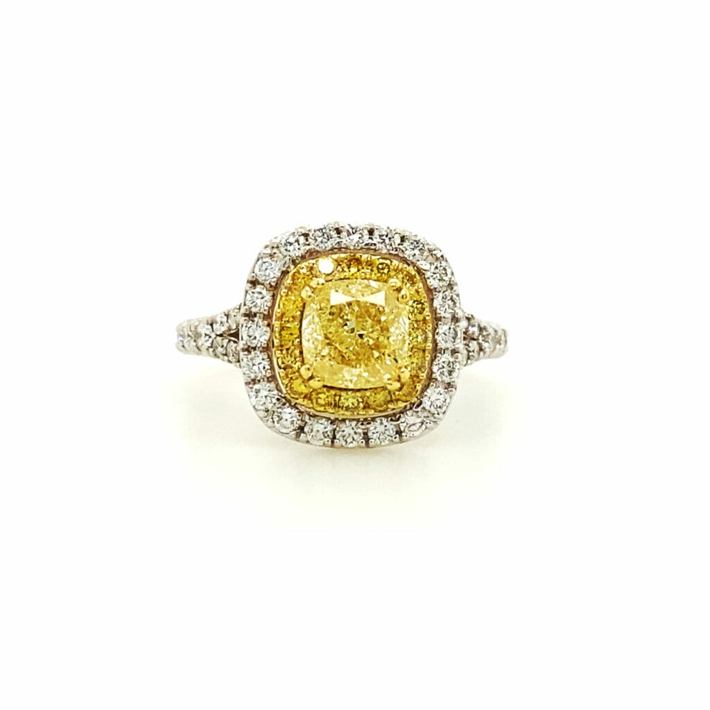 Split Shank Cushion Cut Yellow Diamond Ring